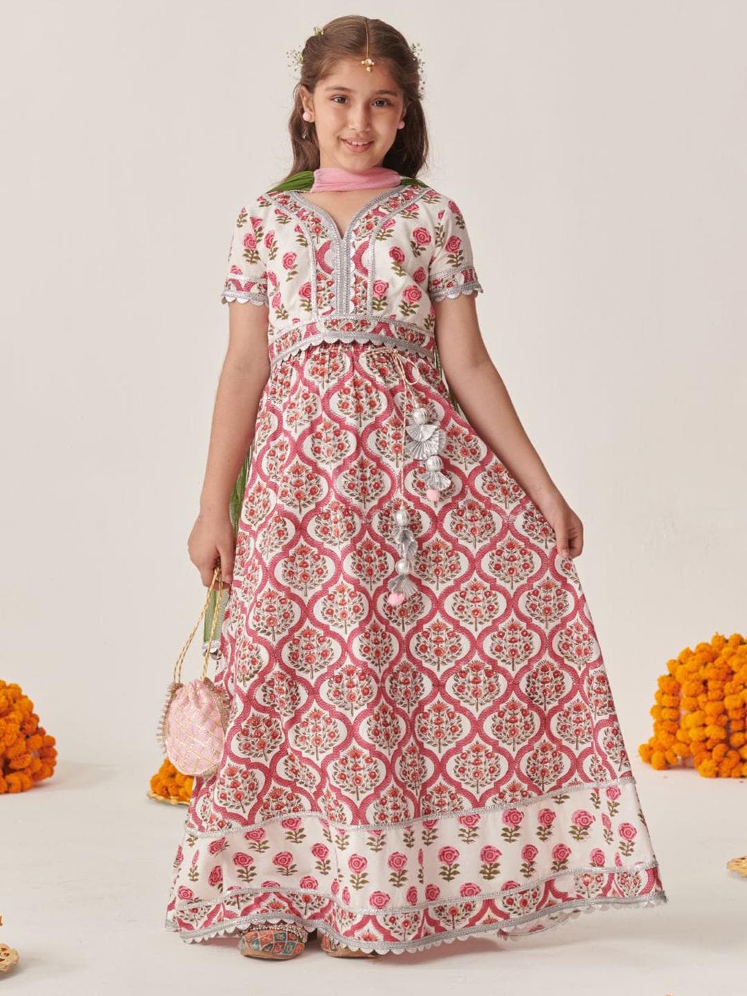 pspeaches Girls Ethnic White Floral Printed Cotton Lehenga Choli Set With Dupatta