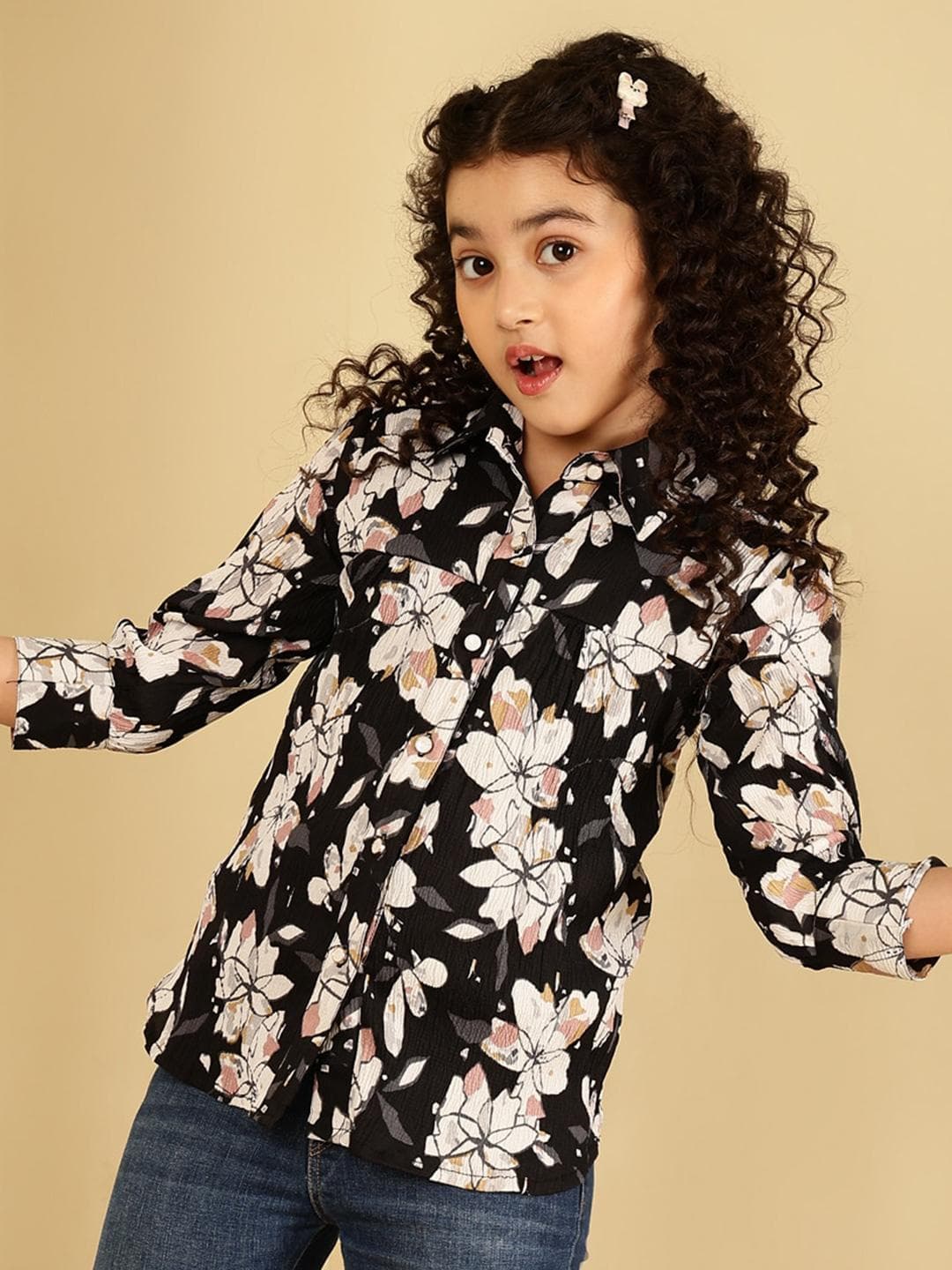 BAESD Girls Floral Printed Gathered Shirt Style Top
