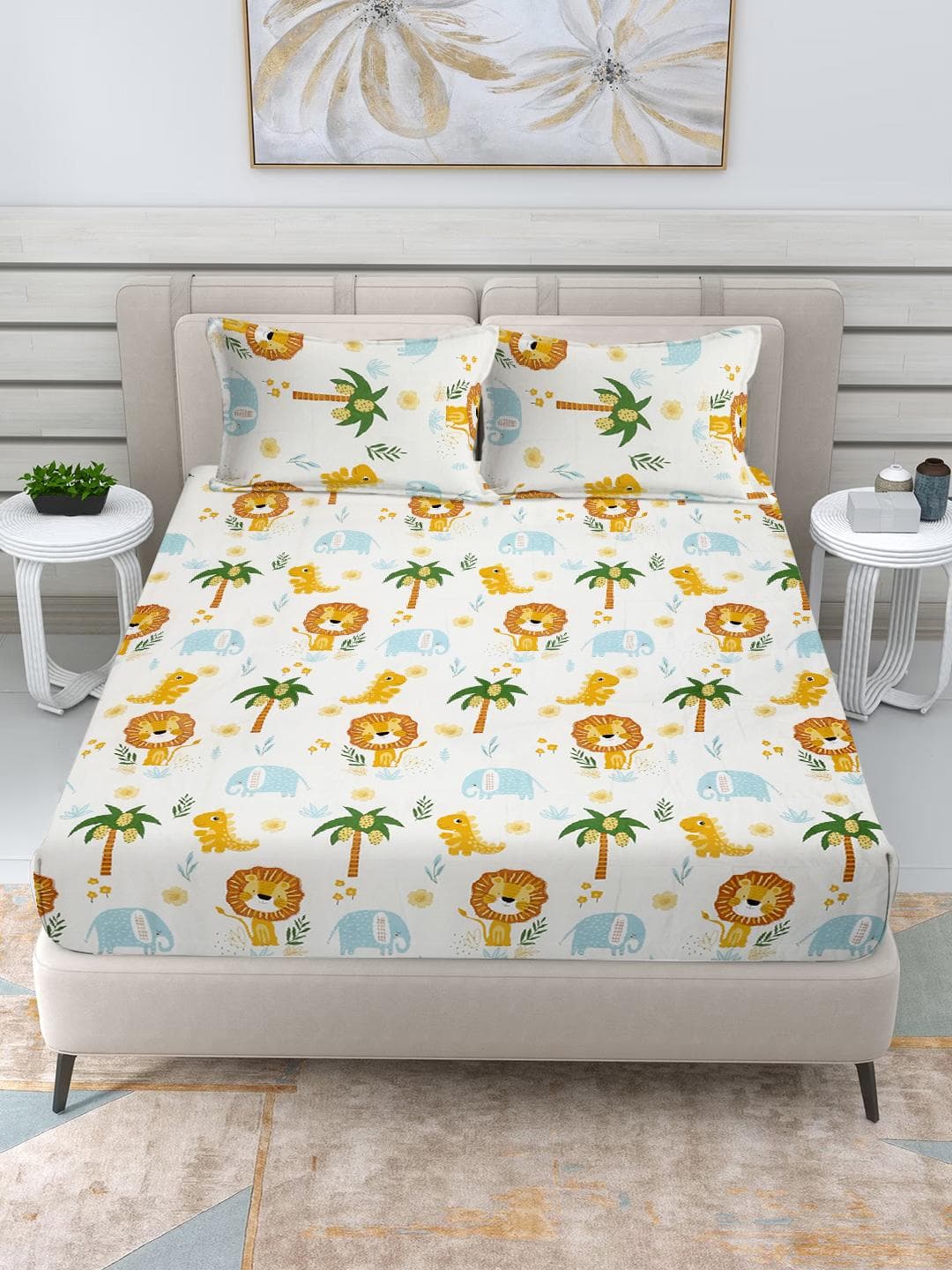 Buy FABINALIV Off White Cartoon Print Polycotton 300 TC King Bedsheet With 2 Pillow Covers - - Home for Unisex Kids