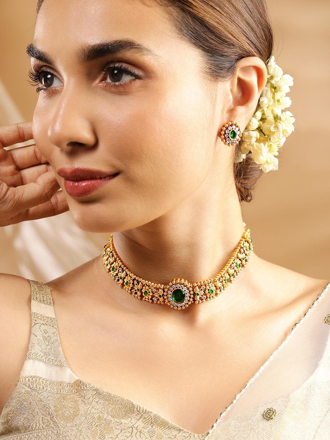 Buy Rubans 24K Gold Plated Handcrafted Emerald & Cubic Zicronia Studded Choker Jewellery Set - - Accessories for Women