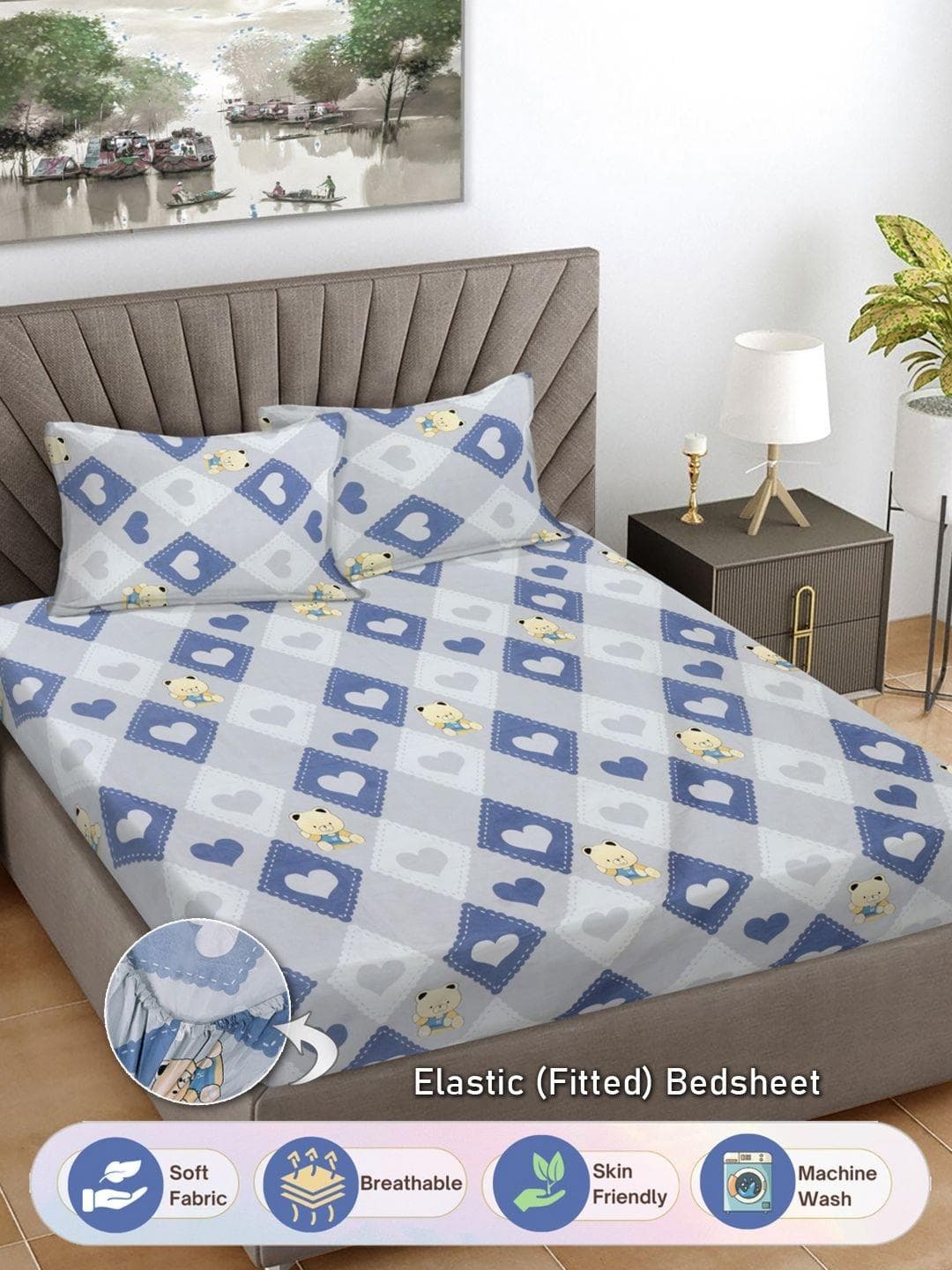 Buy FABINALIV Vedda Blue Cartoon Print Polycotton Fitted King Bedsheet With 2 Pillow Covers - - Home for Unisex Kids