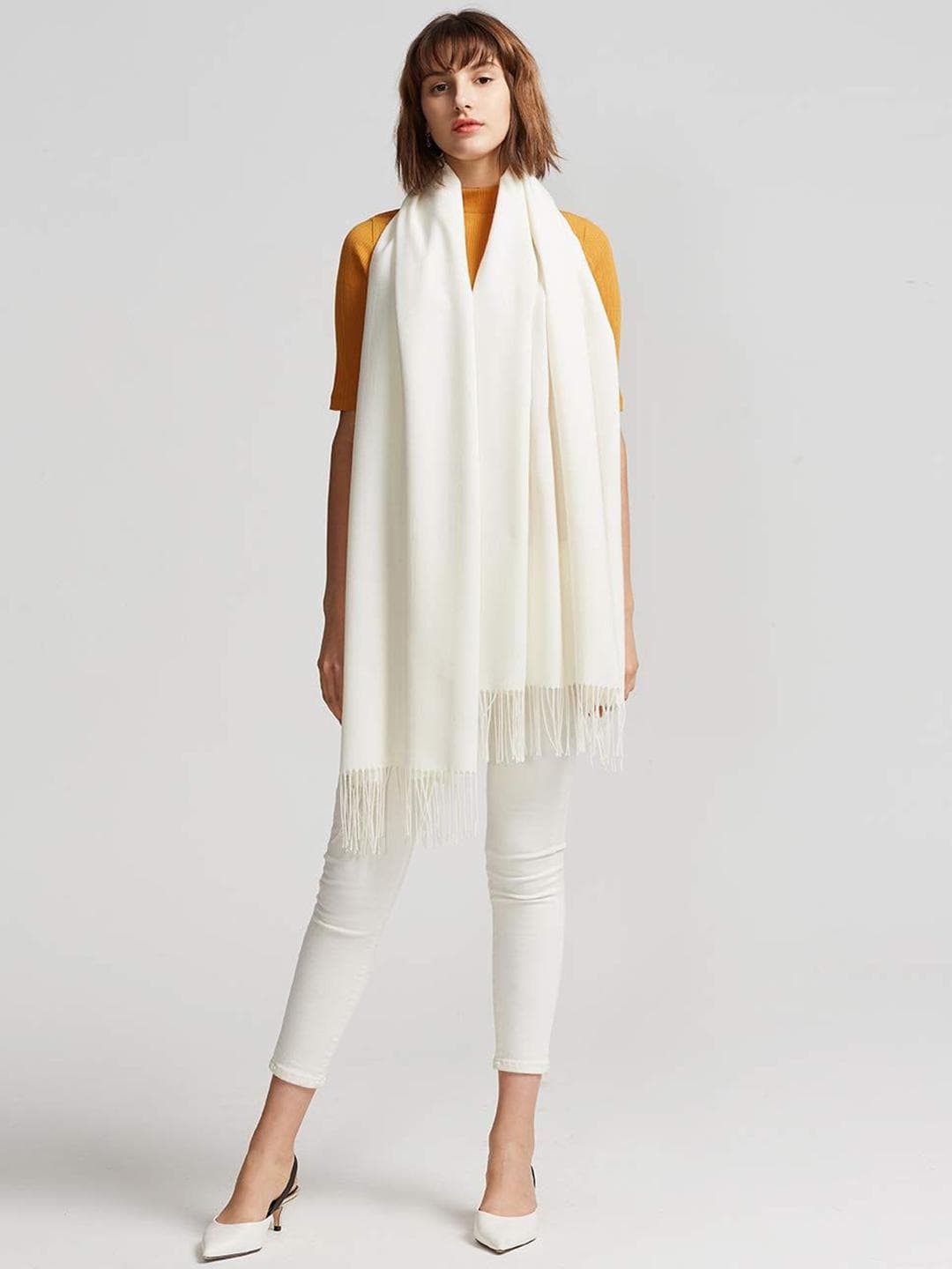 Alexvyan Women Off White Solid Woolen Soft Winter Mufflers