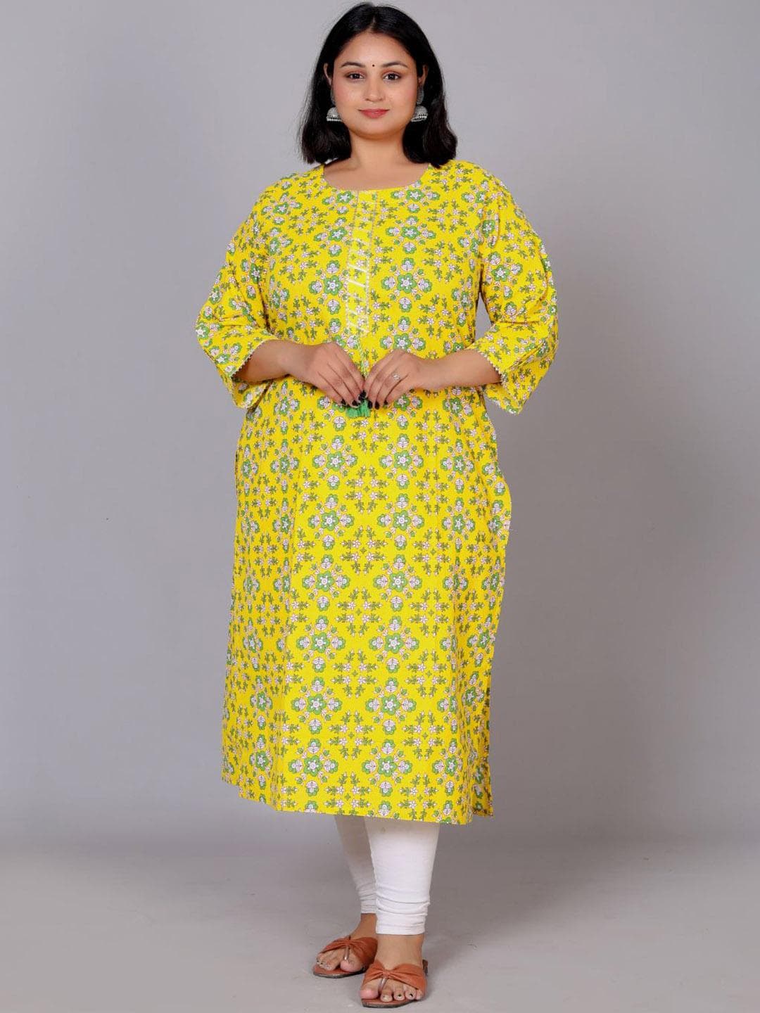 KALINI Plus Size Floral Printed Cotton Straight Kurta