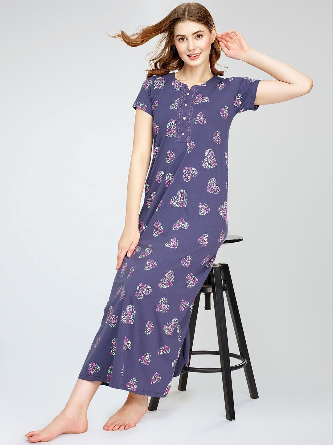 Zeyo Graphic Printed Pure Cotton Maxi Nightdress