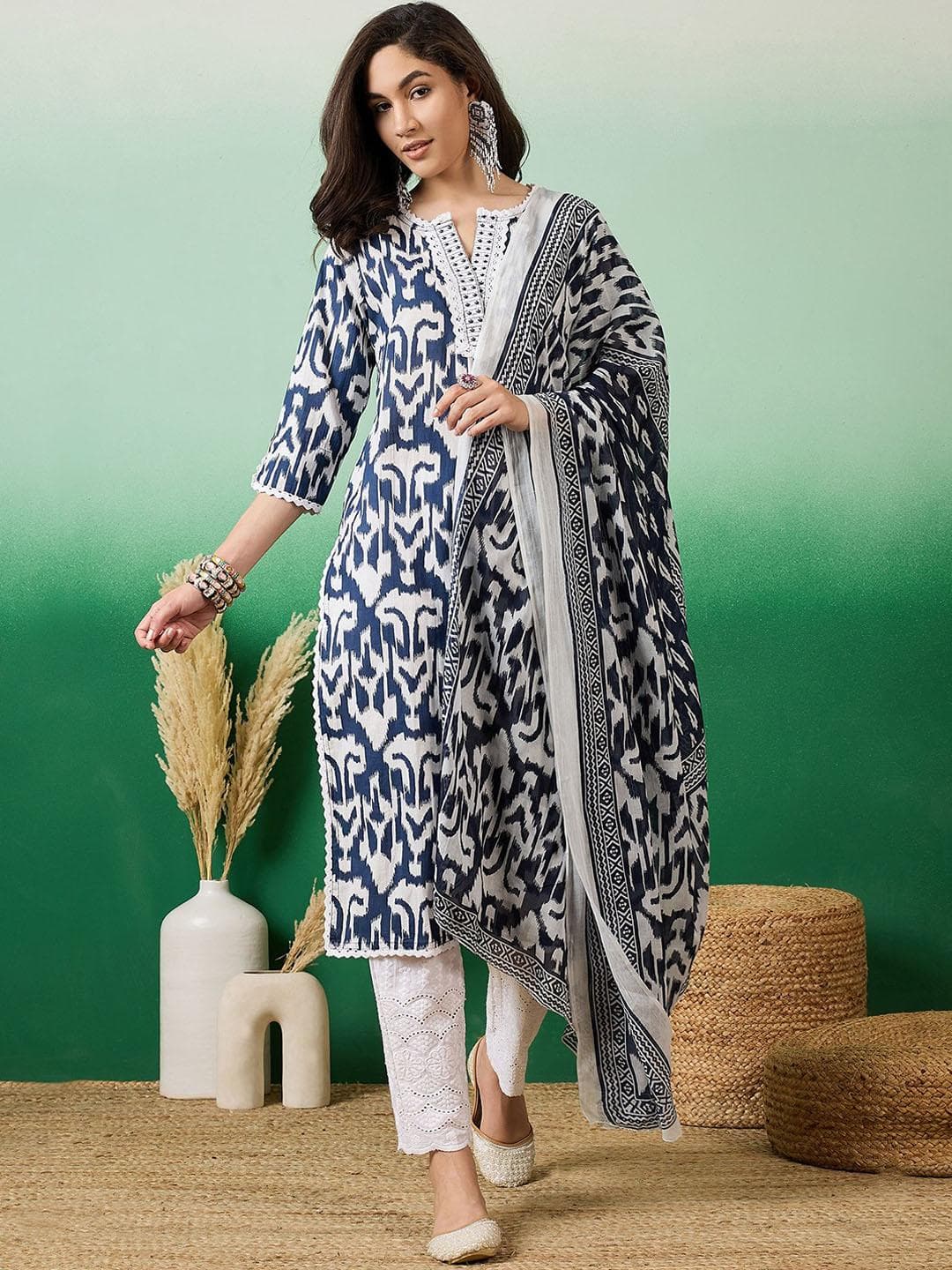 Sangria Printed Pure Cotton Straight Kurta With Trousers & Dupatta