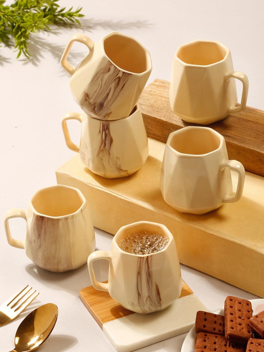 Arrabi Cream Abstract Ceramic Handmade 6 Piece Cups-150ml