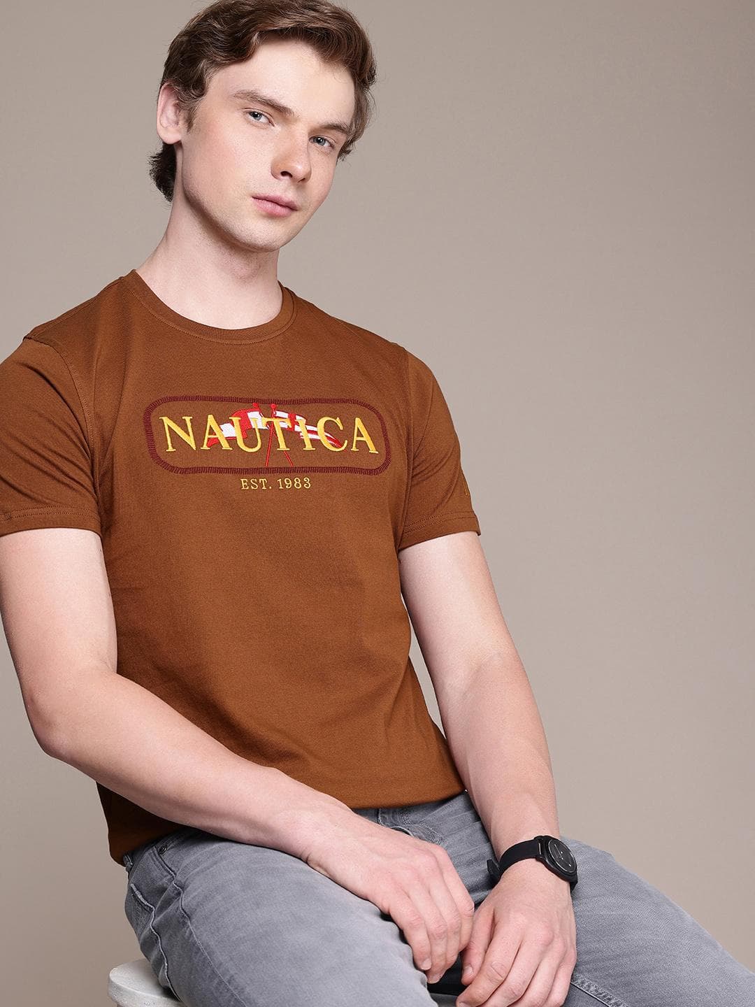 Nautica Brand Logo Embroidered Pure Cotton T-shirt