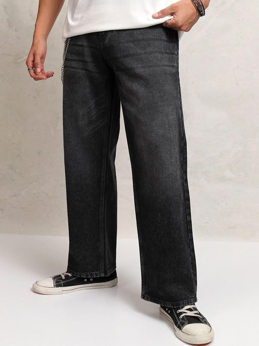 HIGHLANDER Men Washed Wide Leg Slash Knee Light Fade Jeans