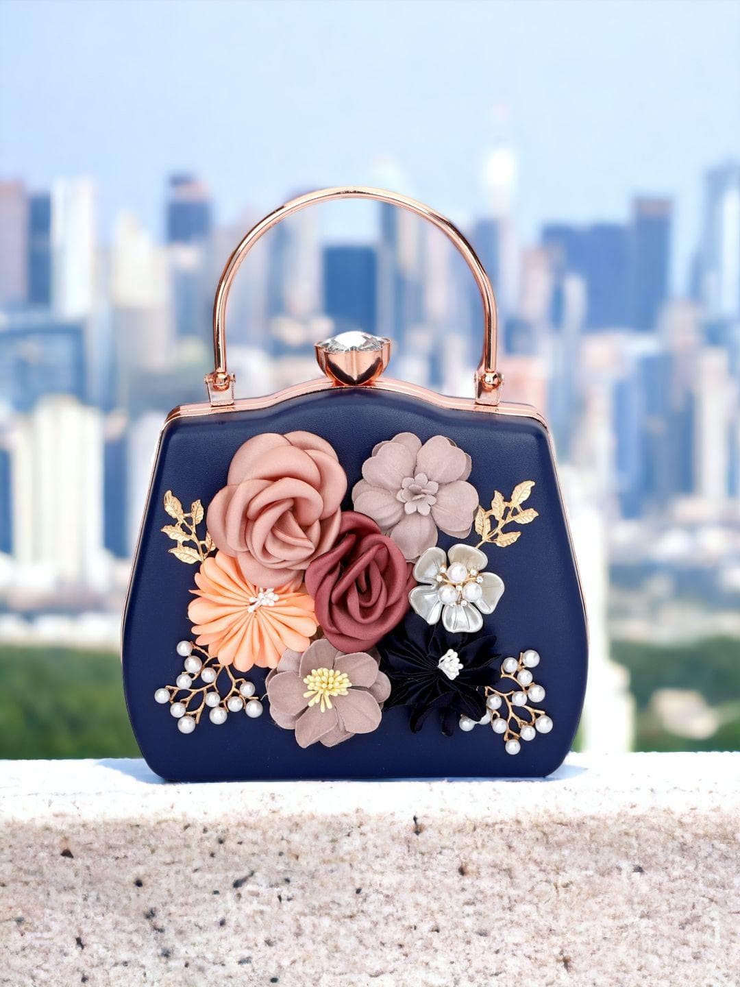 Sangria Blue Floral Embellished Box Clutch