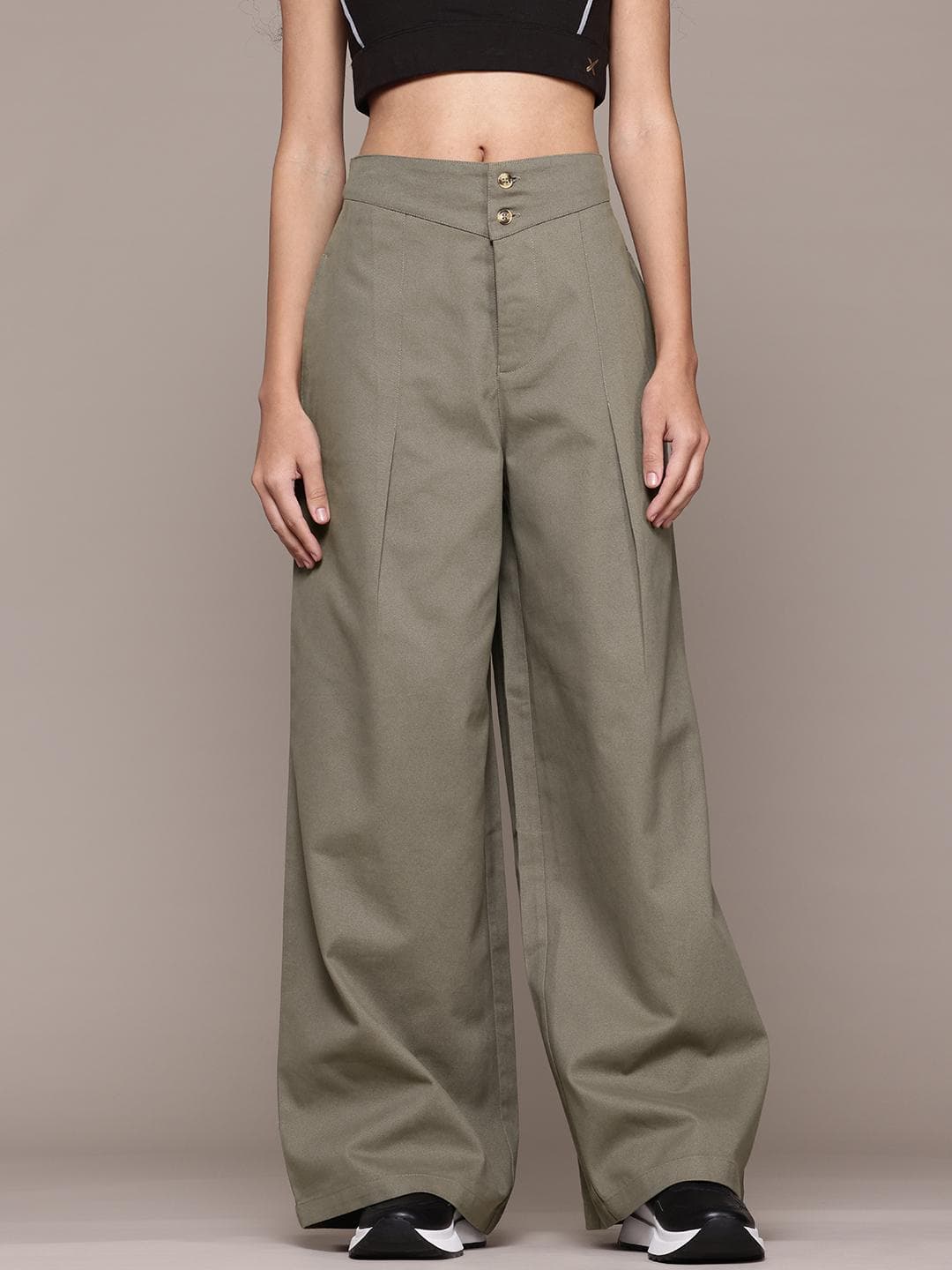 The Roadster Lifestyle Co. Women Pure Cotton Pleated Wide Leg Trousers