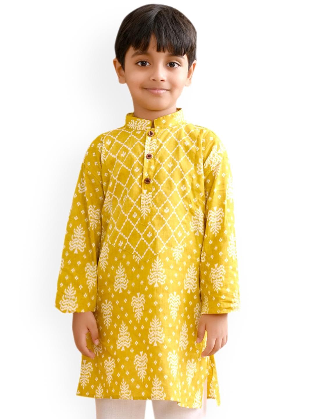 Sangria Boys Yellow & White Floral Printed Mandarin Collar Straight Cotton Kurta