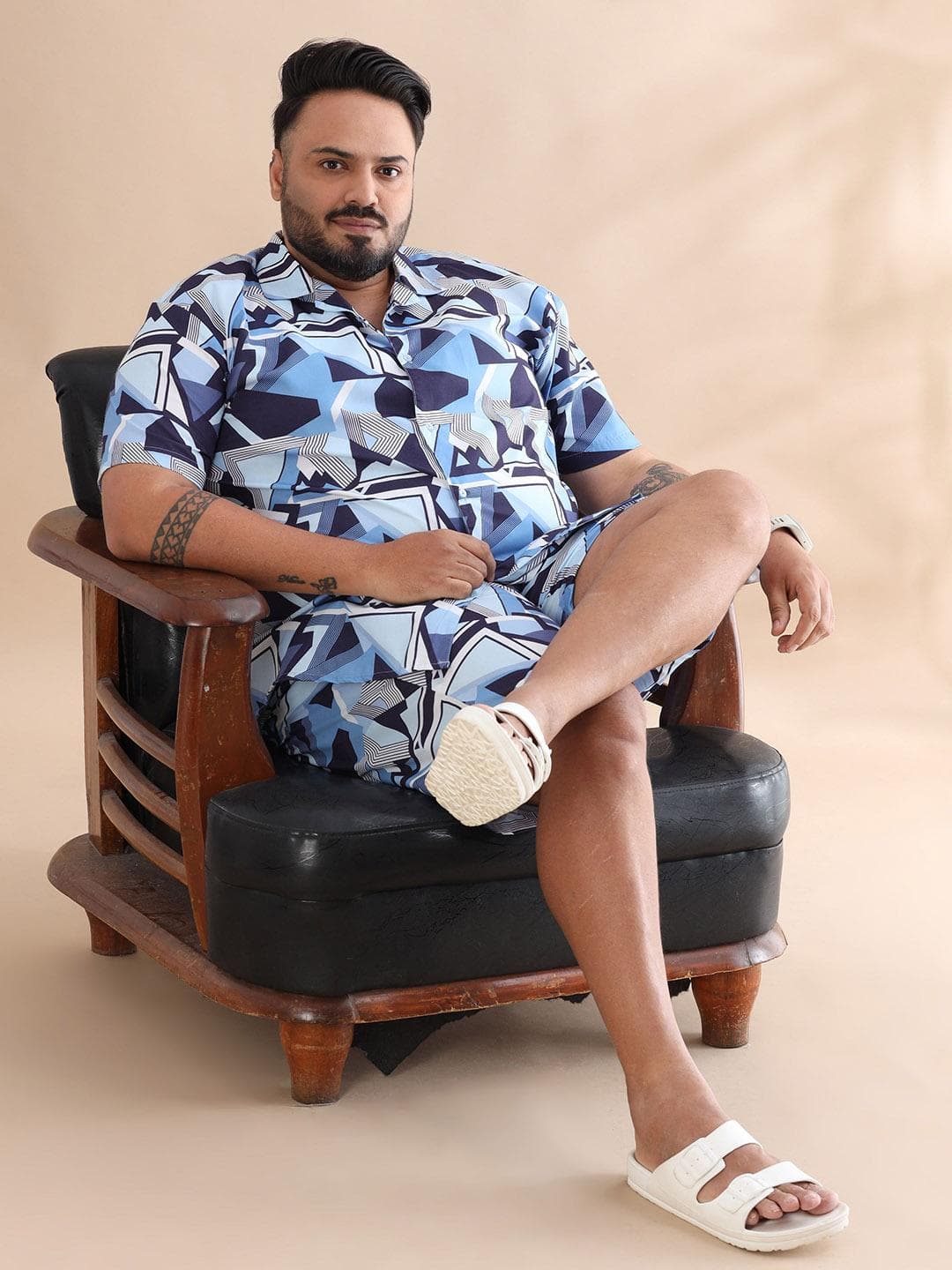 Bushirt Plus Size Abstract Printed Cuban Collar Short Sleeves Shirt With Shorts