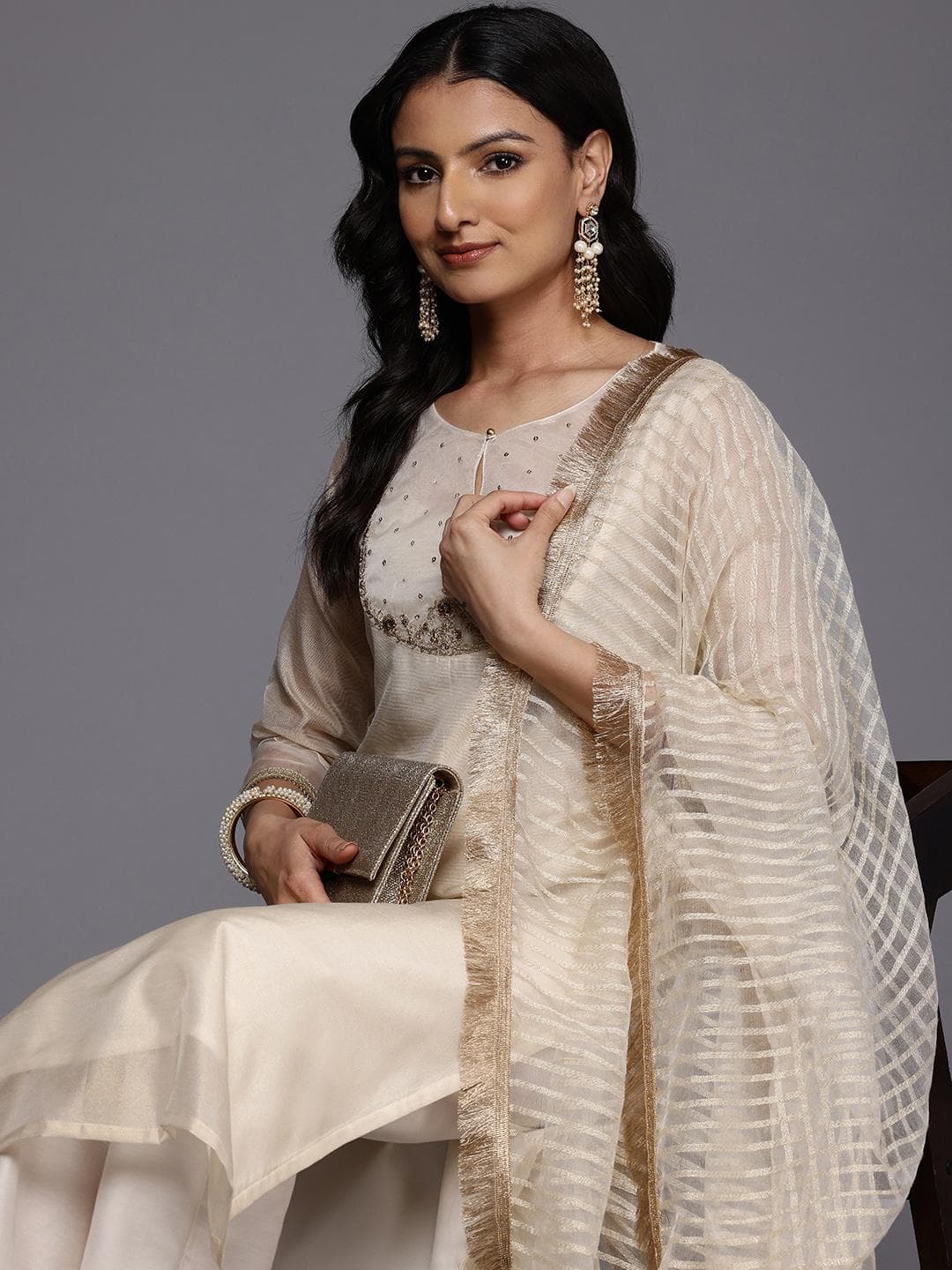 Varanga Floral Yoke Design Regular Sequinned Kurta With Trousers & Dupatta