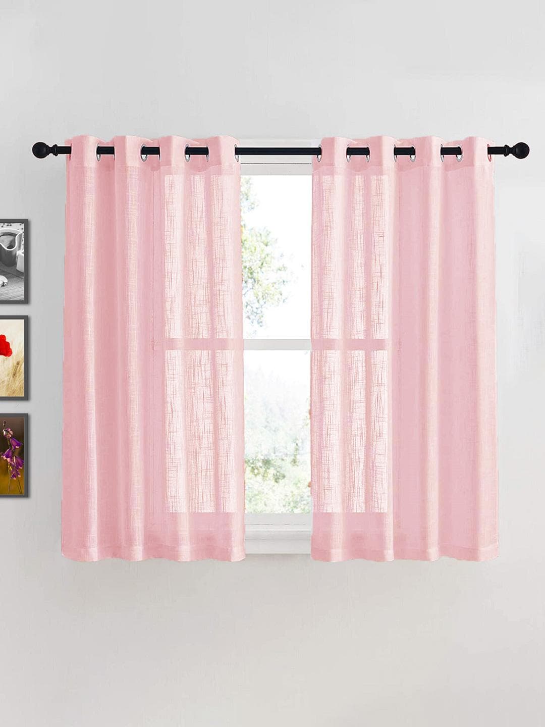 HOMEMONDE Pink 2 Pieces Cotton Solid Sheer Window Curtain