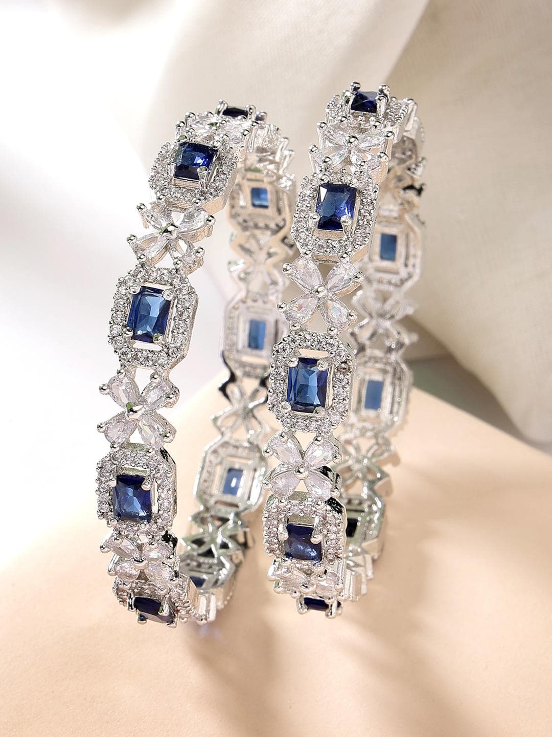 ZENEME Set Of 2 Rhodium-Plated American Diamond Studded Bangles