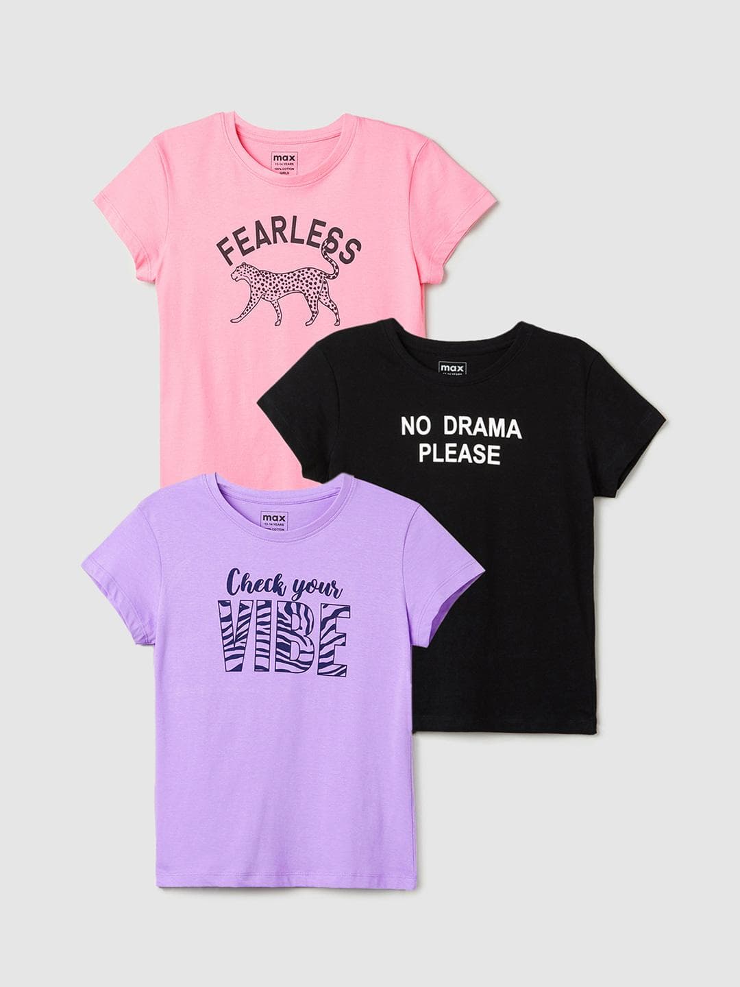 max Girls Pack of 3 Printed Cotton T-shirt