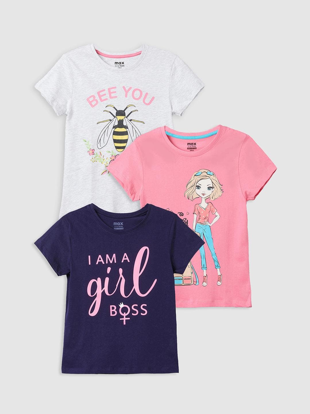 max Girls Pack of 3 Printed T-shirt