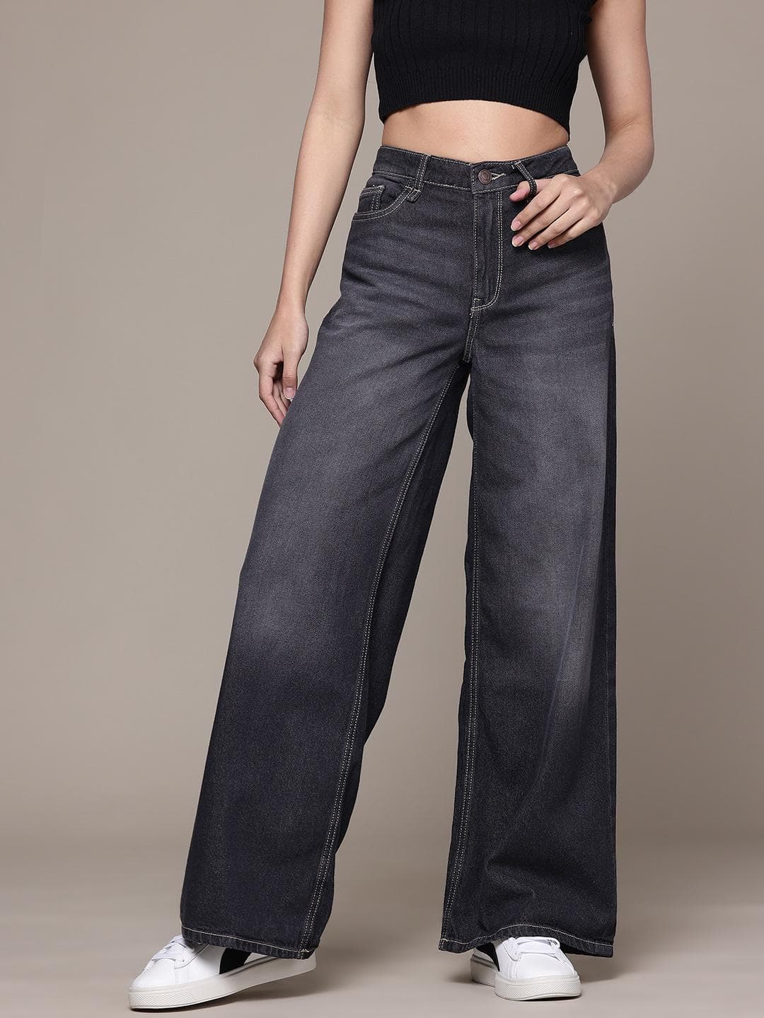 The Roadster Life Co. Women Baggy Wide Leg High-Rise Heavy Fade Jeans