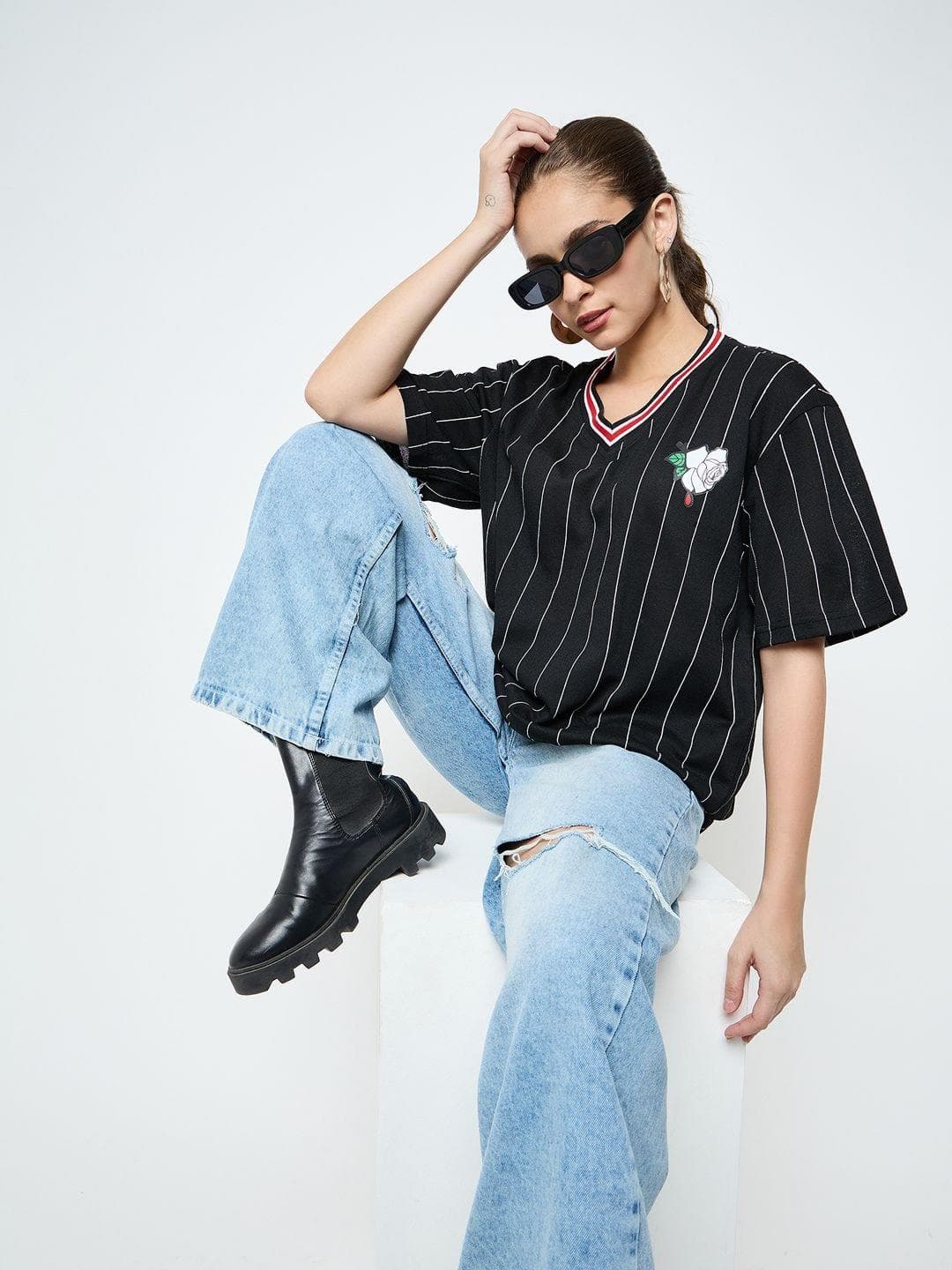 Skidlers Women Typography Striped Printed Pure Cotton Oversized T-shirt