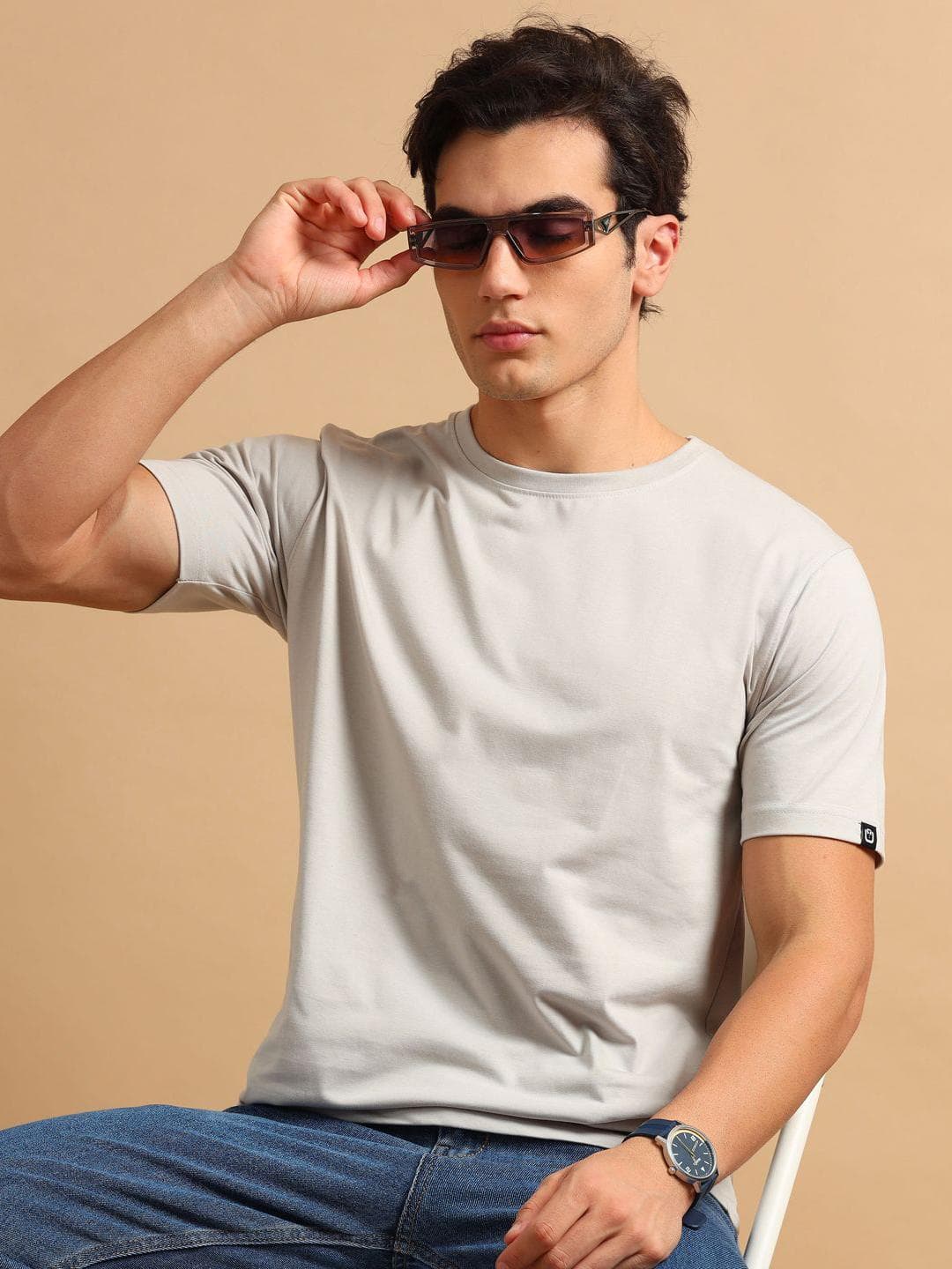 Bushirt Men Solid Round Neck Cotton T-shirt