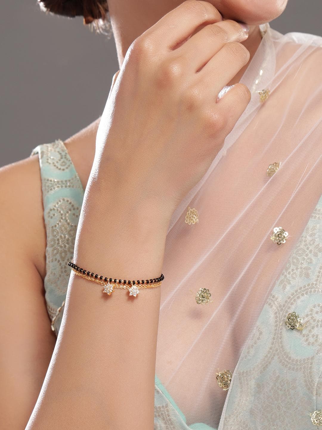 Rubans 18K Gold-Plated Zirconia Drops with Black & Gold Beaded Mangalsutra Bracelet