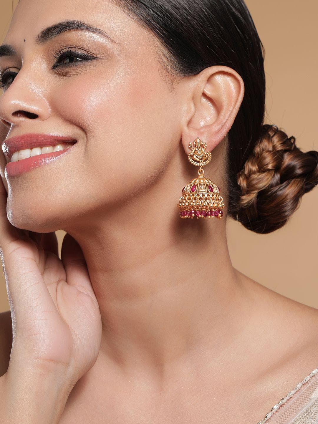 Buy Rubans 18K Gold Plated Ruby Stone & Beaded Divine Ganesha Temple Jhumka Earrings - - Accessories for Women