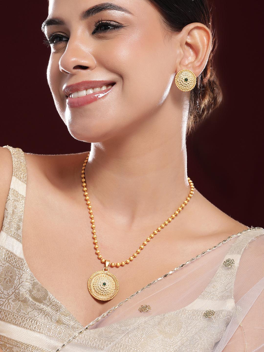 Buy Rubans 22K Gold Plated Intricate Green Stone And Golden Beade Traditional Jewellery Set - - Accessories for Women