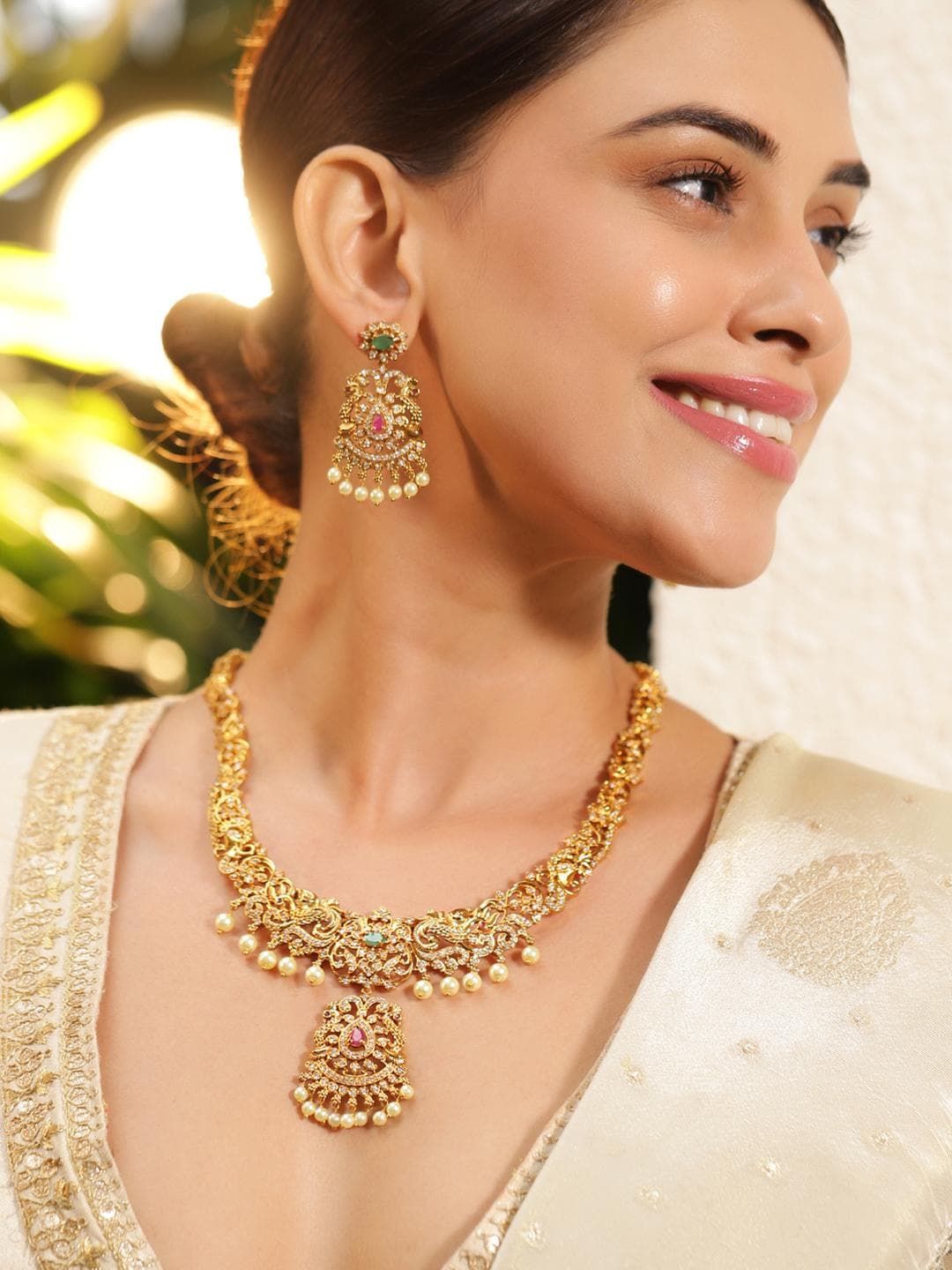 Buy Rubans 22K Gold Plated Emerald, Ruby Pink & Cubic Zirconia Jewellery Set With Pearl Beads - - Accessories for Women