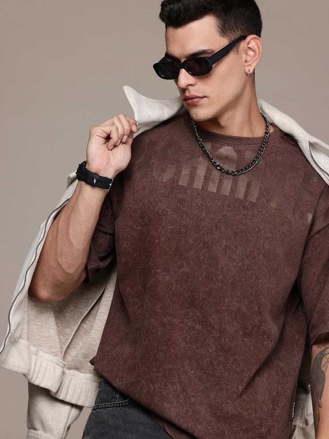 The Roadster Life Co. Printed & Washed Drop-Shoulder Pure Cotton Relaxed Fit T-shirt