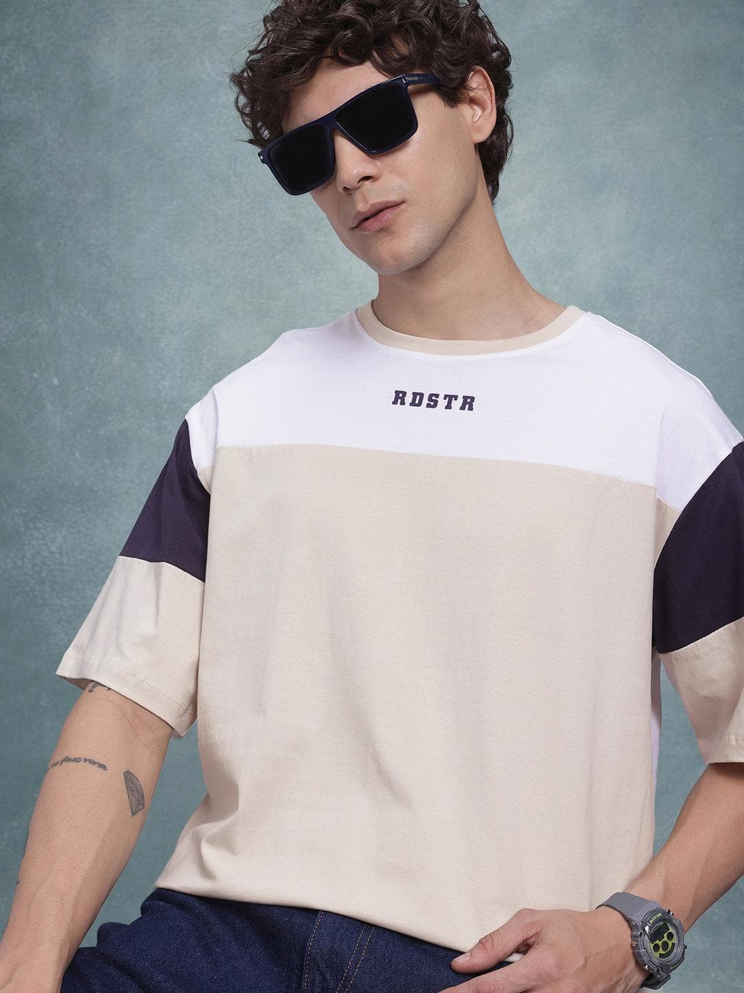 The Roadster Life Co. Colourblocked Drop-Shoulder Sleeves Pure Cotton T-shirt