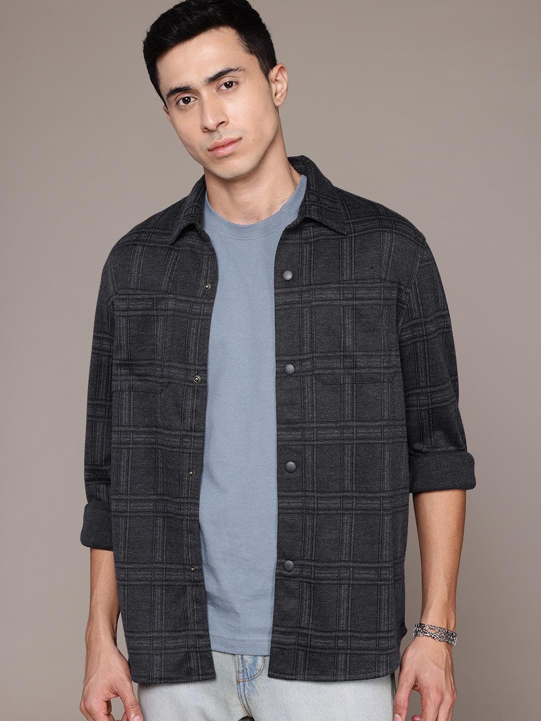 Buy The Roadster Lifestyle Co. Men Checked Casual Shacket - - Apparel for Men