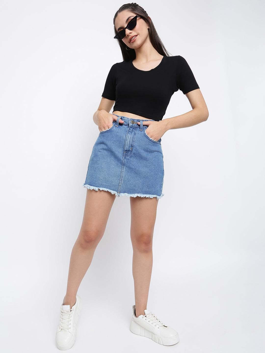 Belliskey Women Solid Blue Straight Fit Denim Mini Skirt