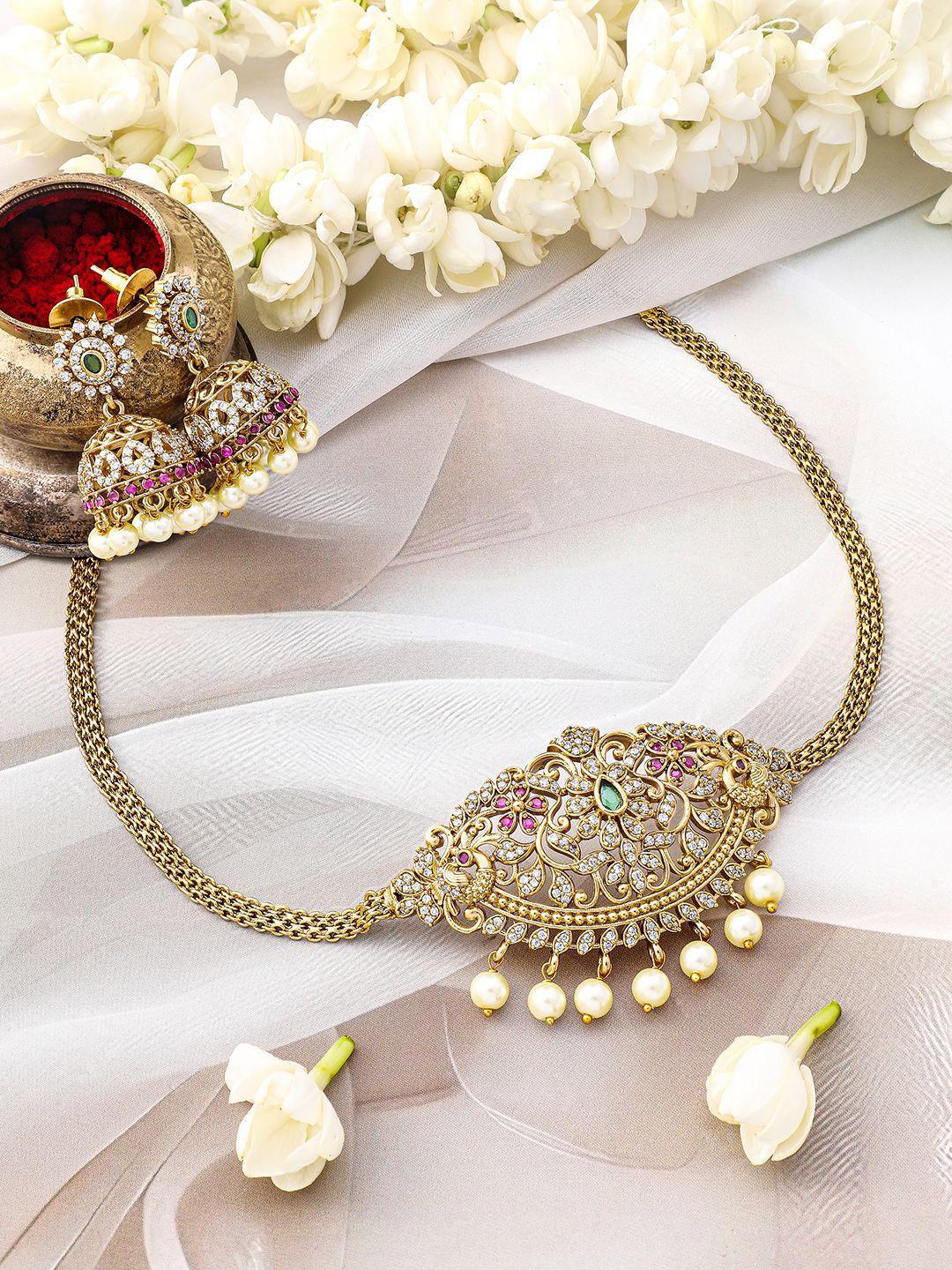 Buy Rubans 22K Gold Plated Ruby Pink, Emerald Green, Cubic Zirconia & Pearl Beaded Choker Set - - Accessories for Women