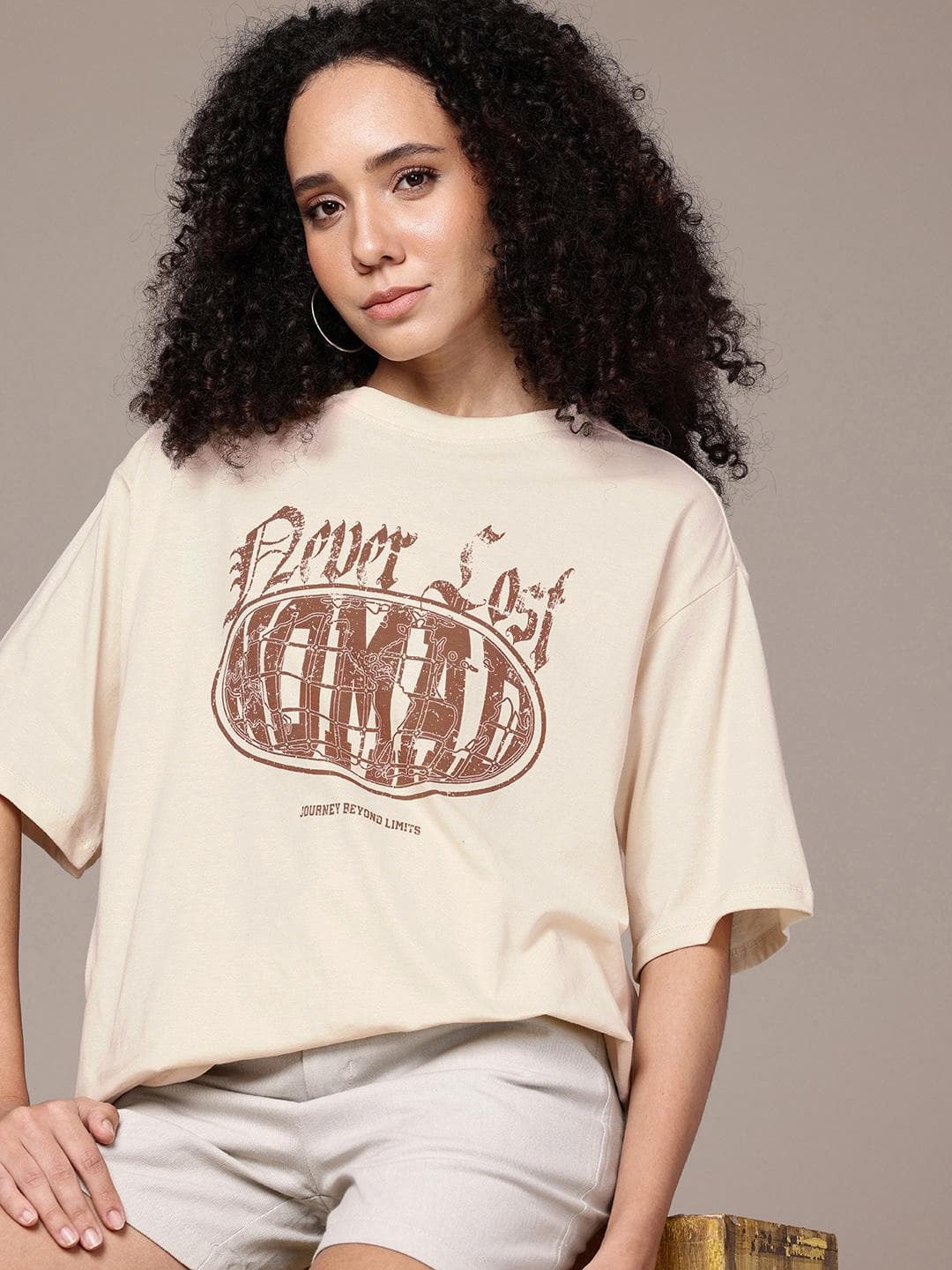 The Roadster Life Co. Printed Drop-Shoulder Sleeves Oversized Pure Cotton T-shirt