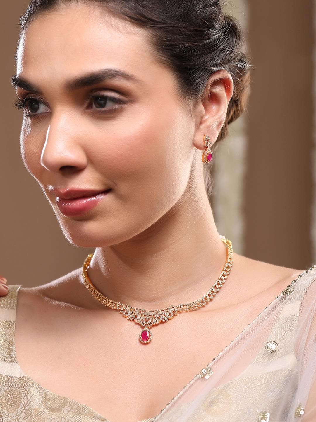 Buy Rubans 22K Gold Plated Ruby Red & Cubic Zirconia Studded Traditional Necklace Set - - Accessories for Women