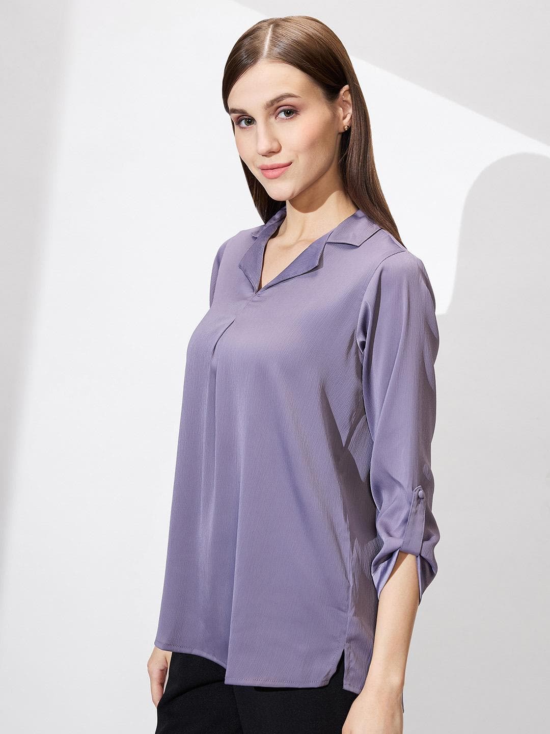 Globus Cuban Collar Roll Up Sleeves Solid Satin Shirt Style Workwear Top