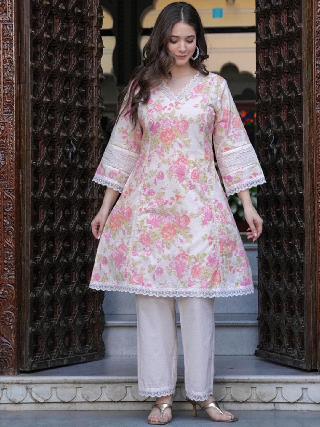 KALINI Floral Printed V-Neck Three-Quarter Sleeves Pure Cotton Top With Trouser