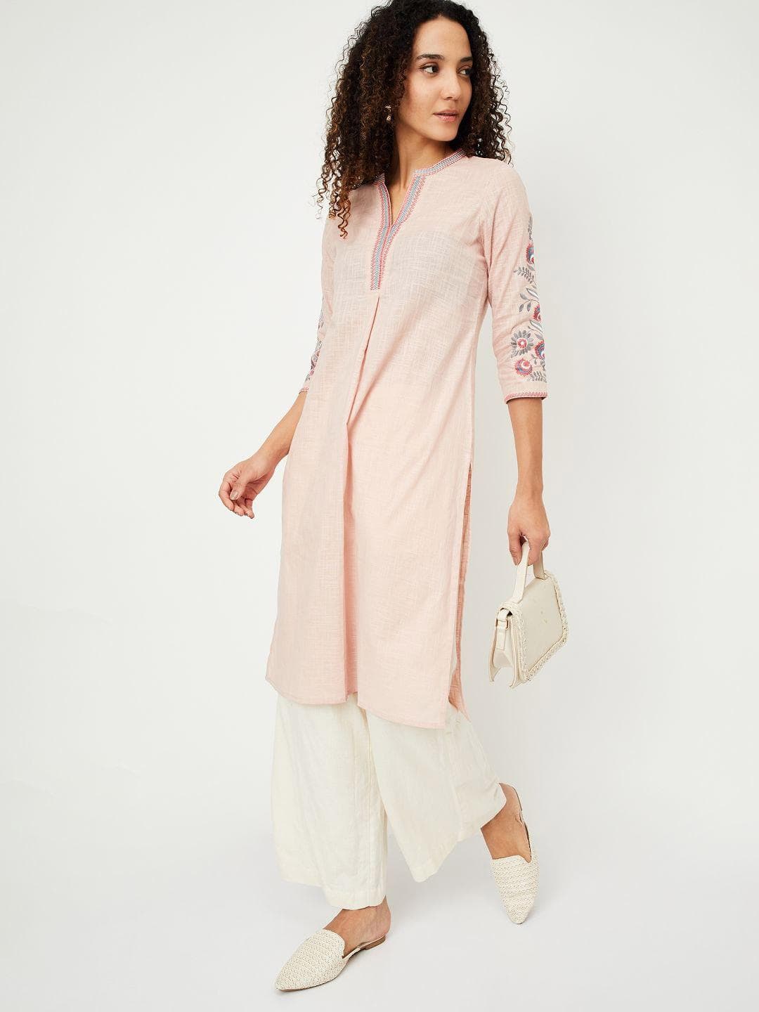 max Floral Embroidered Mandarin Collar Thread Work Straight Cotton Kurta