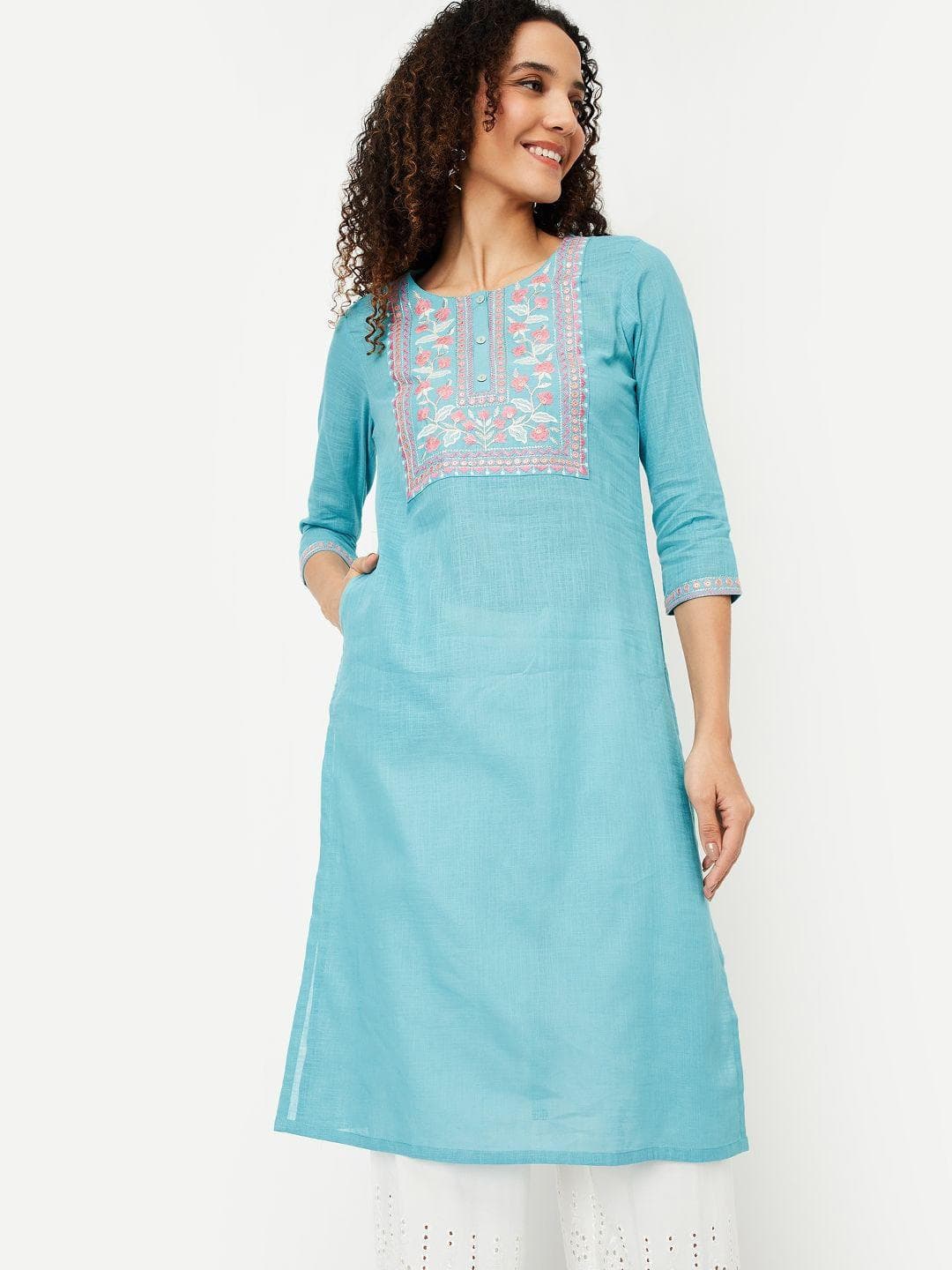 max Floral Yoke Design Thread Work Cotton Straight Kurta