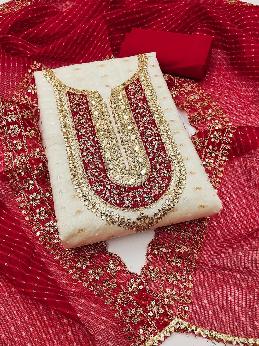 KALINI Ethnic Motifs Embroidered Sequinned Chanderi Butti Silk Unstitched Dress Material