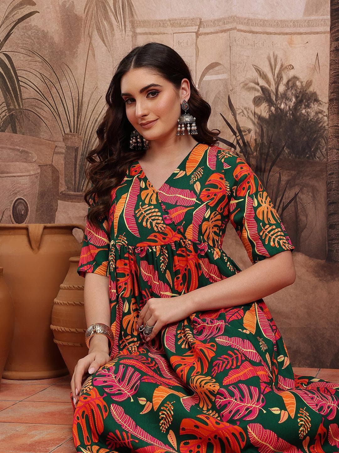 Sangria Floral Printed Knee Length Ethnic Dress