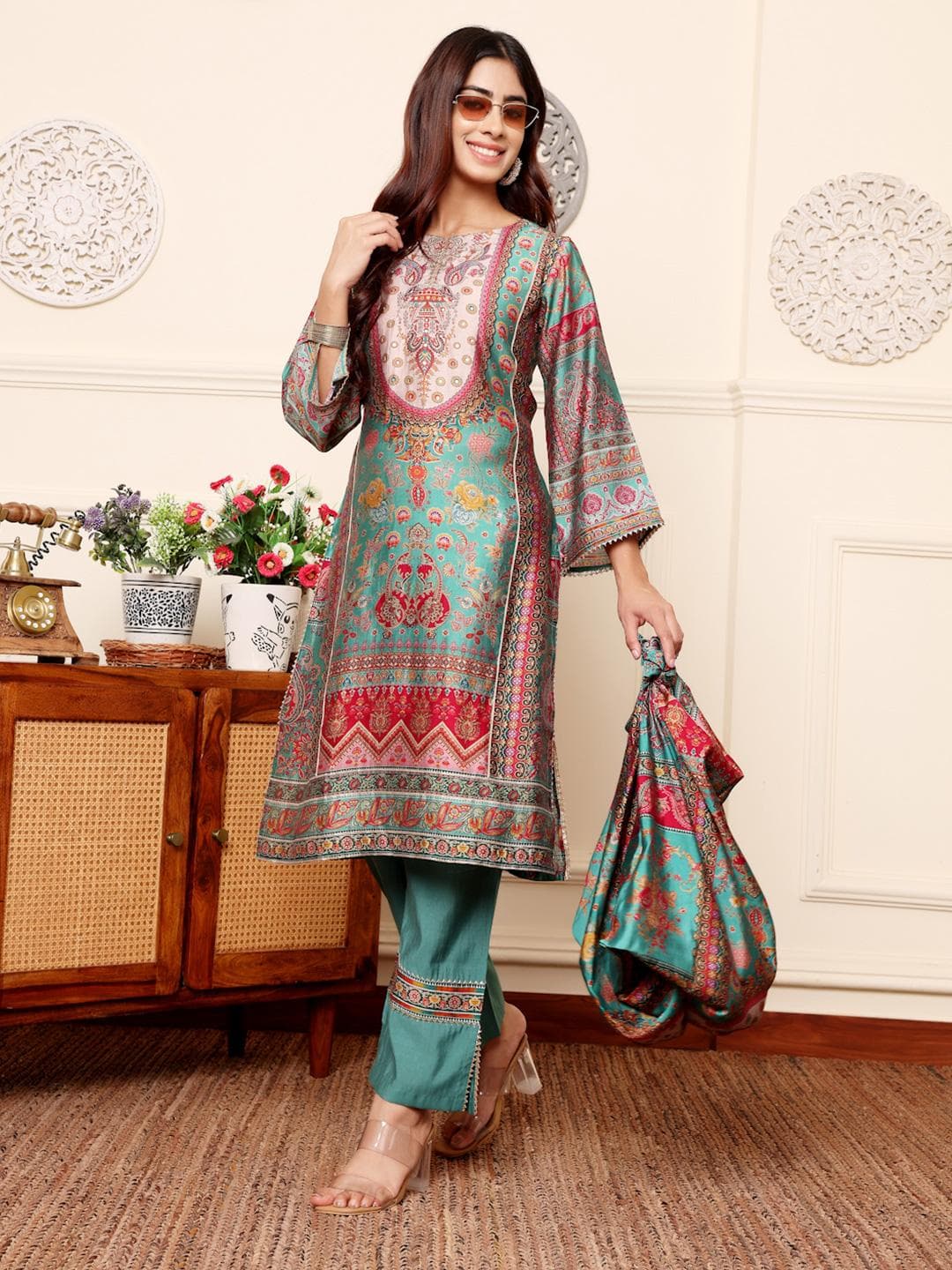 Varanga Ethnic Motifs Printed Chanderi Silk Tunic With Trousers
