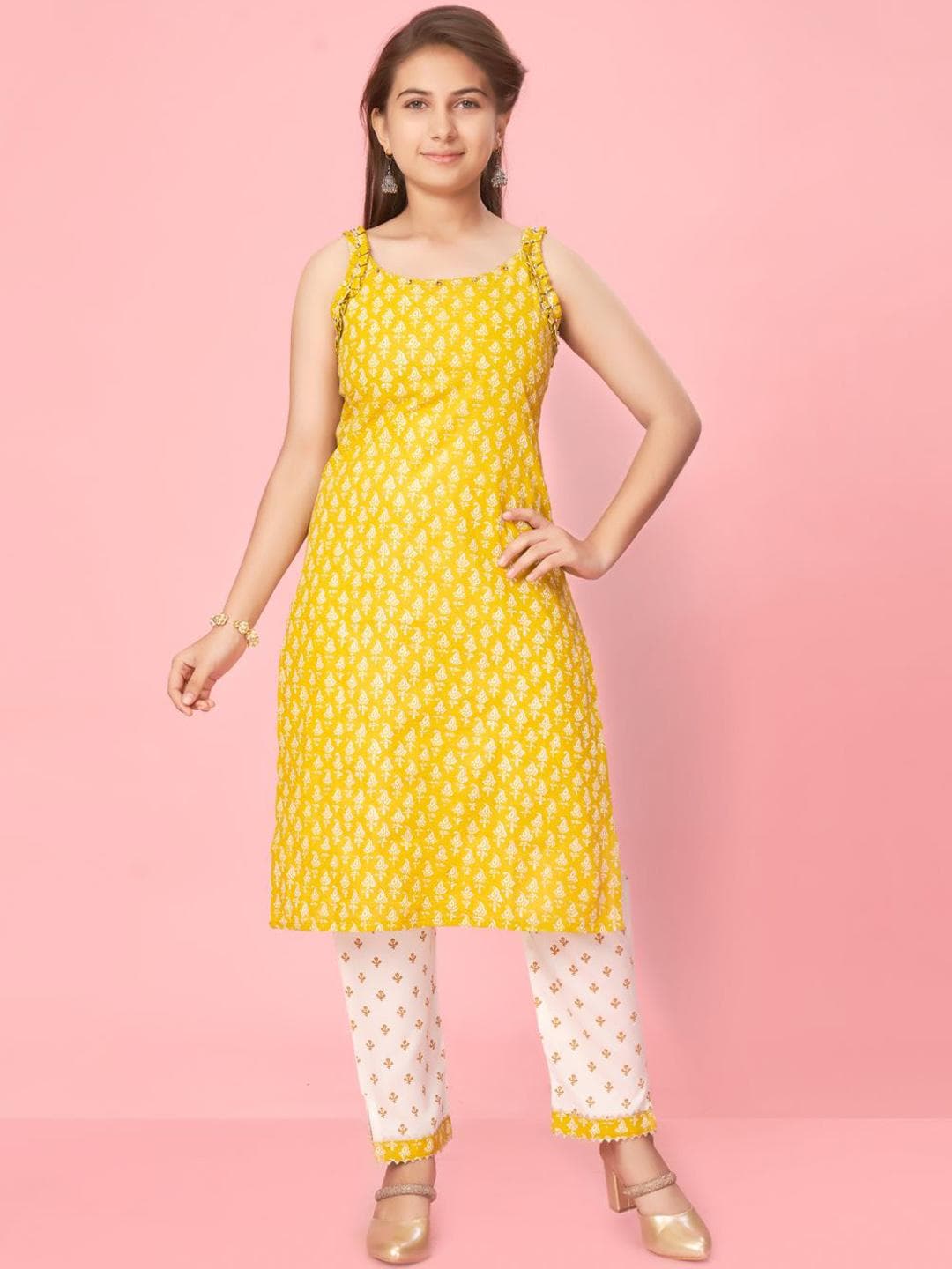 Sangria Girls Yellow Floral Printed Round Neck Cotton Straight Kurta