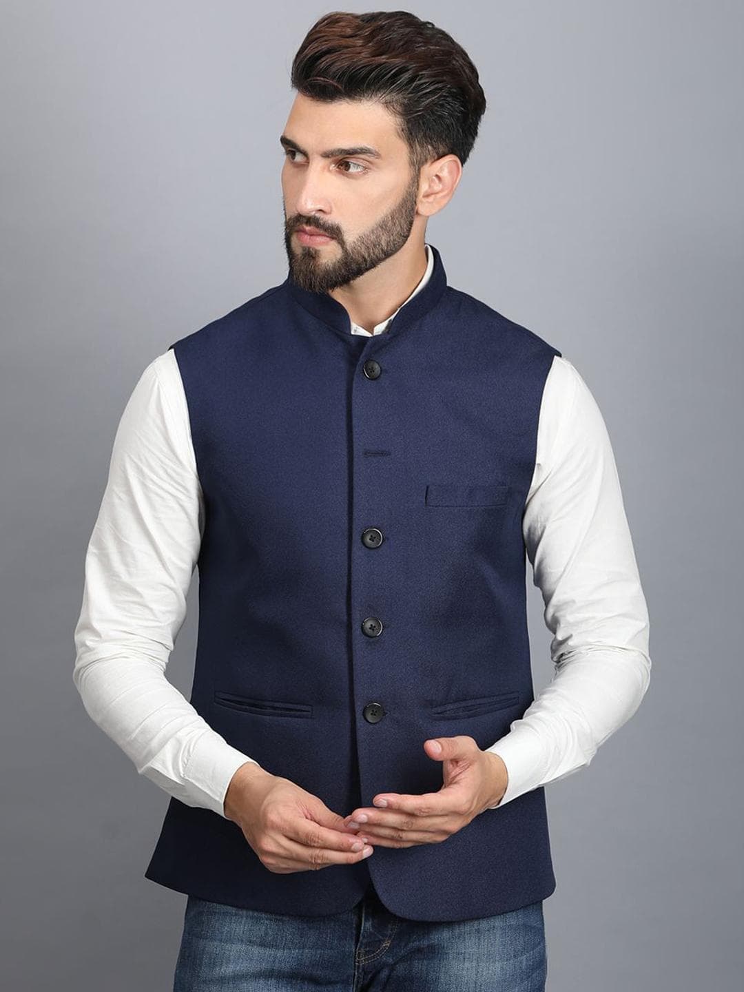 Ethluxis Men Mandarin Collar Woven Nehru Jackets