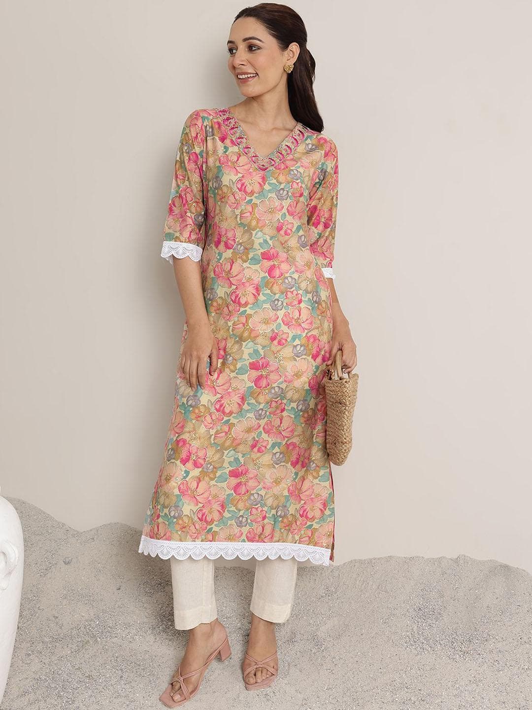 Libas Floral Printed Embroidered V-Neck Kurta