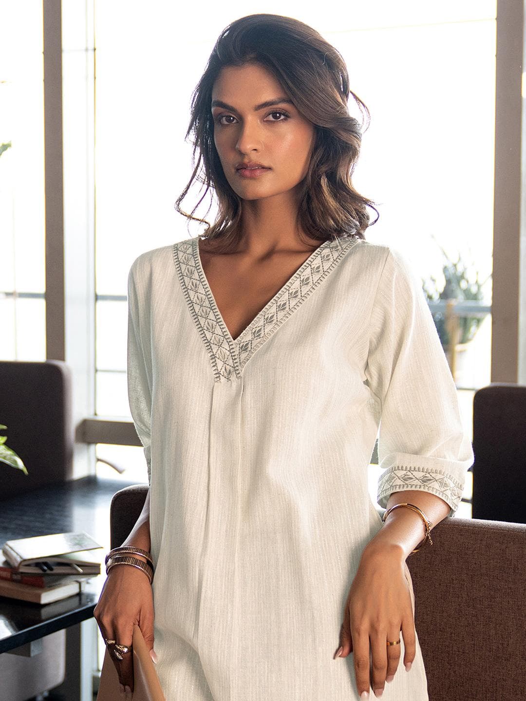 Libas Floral Embroidered V-Neck Pleated Straight Kurta