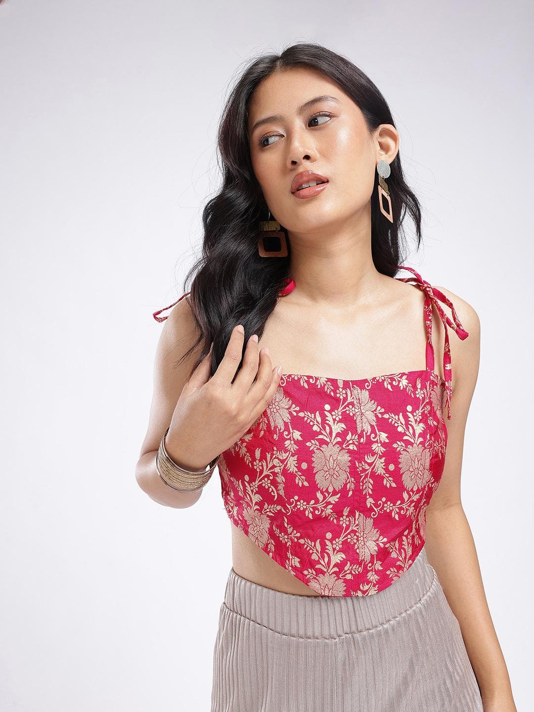 glitchez Floral Woven Design Shoulder Tie-Ups Corset Detail Fusion Crop Top