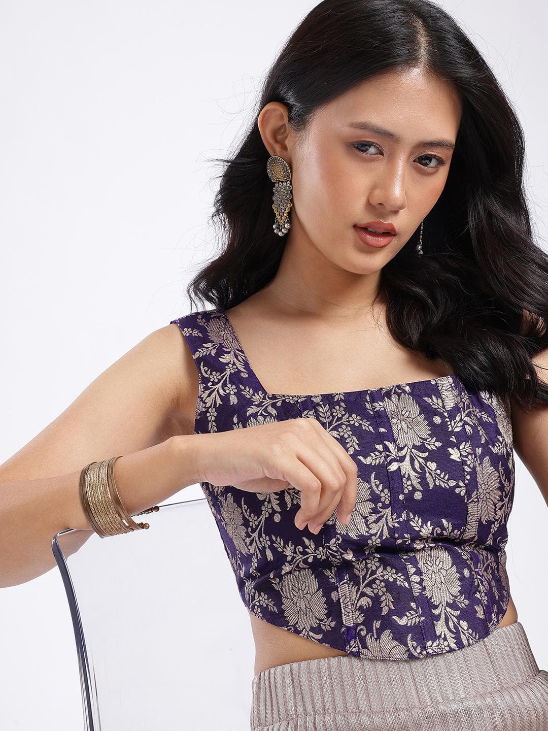 glitchez Floral Woven Design Corset Detail Fusion Crop Top