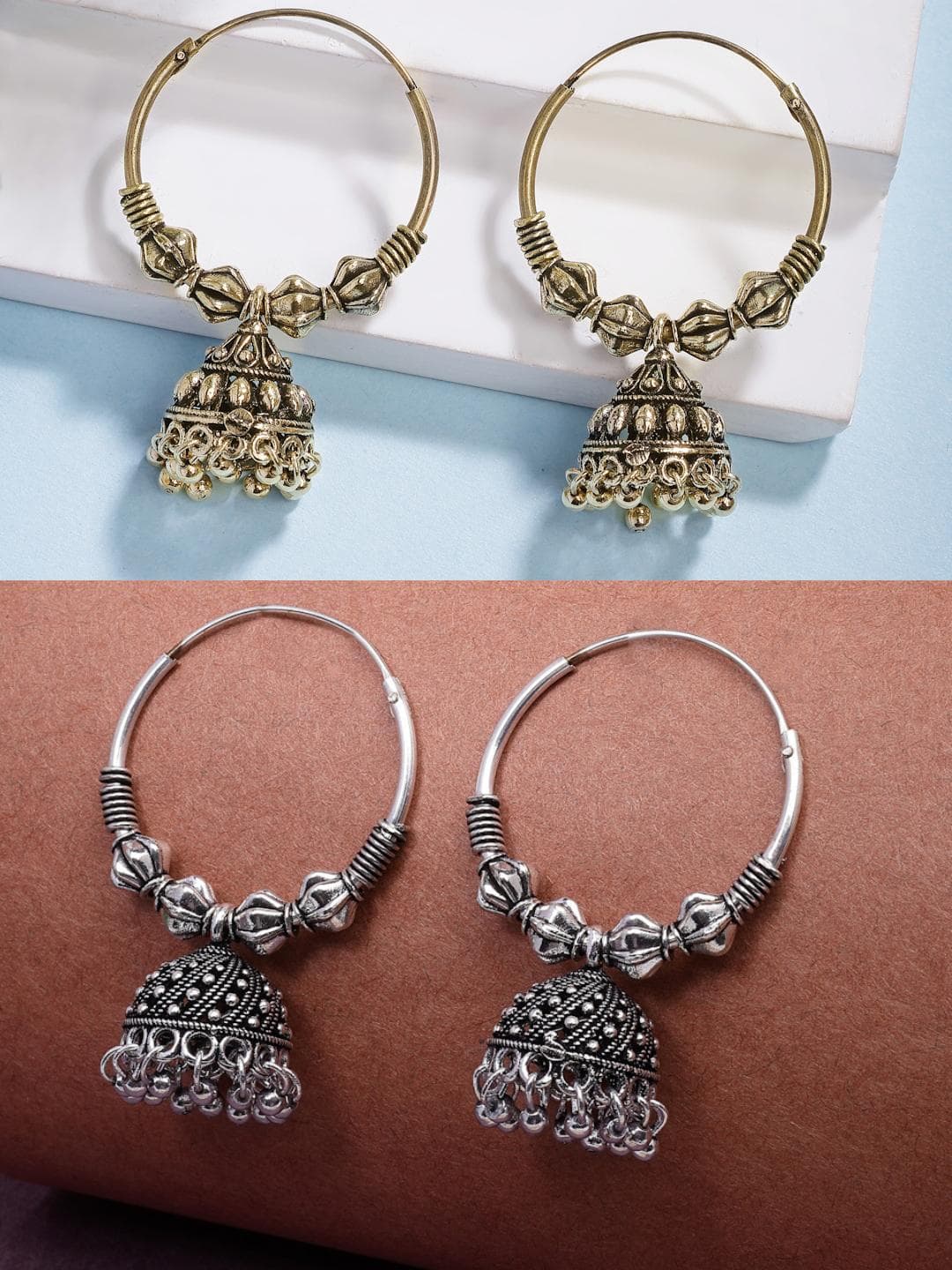 Buy NVR Set Of 2 German Silver Traditional Silver Plated Dome Shaped Oxidised Jhumka Earrings - - Accessories for Women