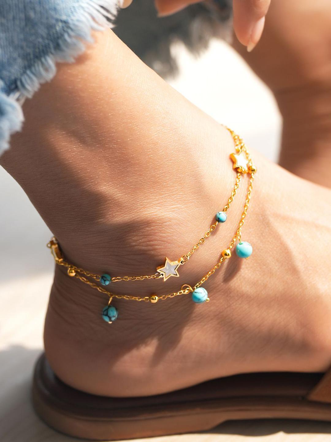 Buy Rubans 18K Gold Plated StainlessSteel TarnishFree Waterproof Turquoise Beads & Star Anklet - - Accessories for Women